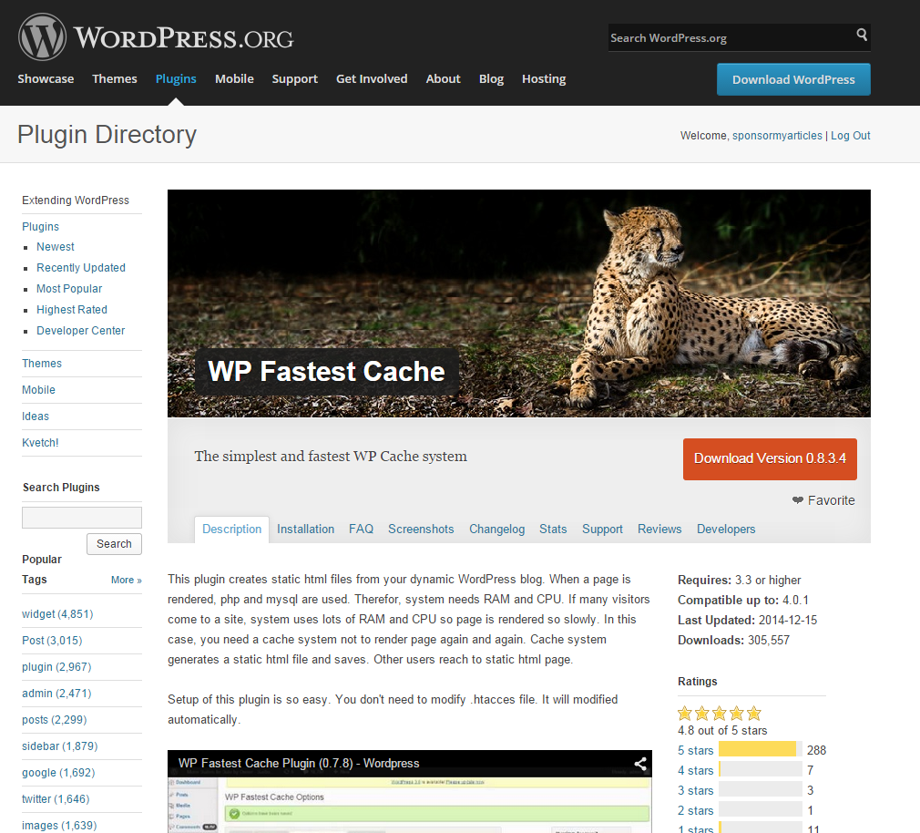 WordPress Fastest Cache plugin