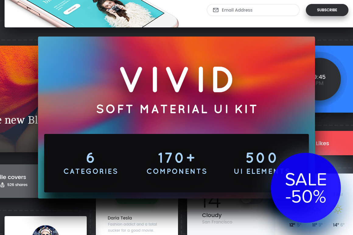 Vivid Soft Material UI Kit with 500 Elements, 170+ Components, 6 Categories – only $14!