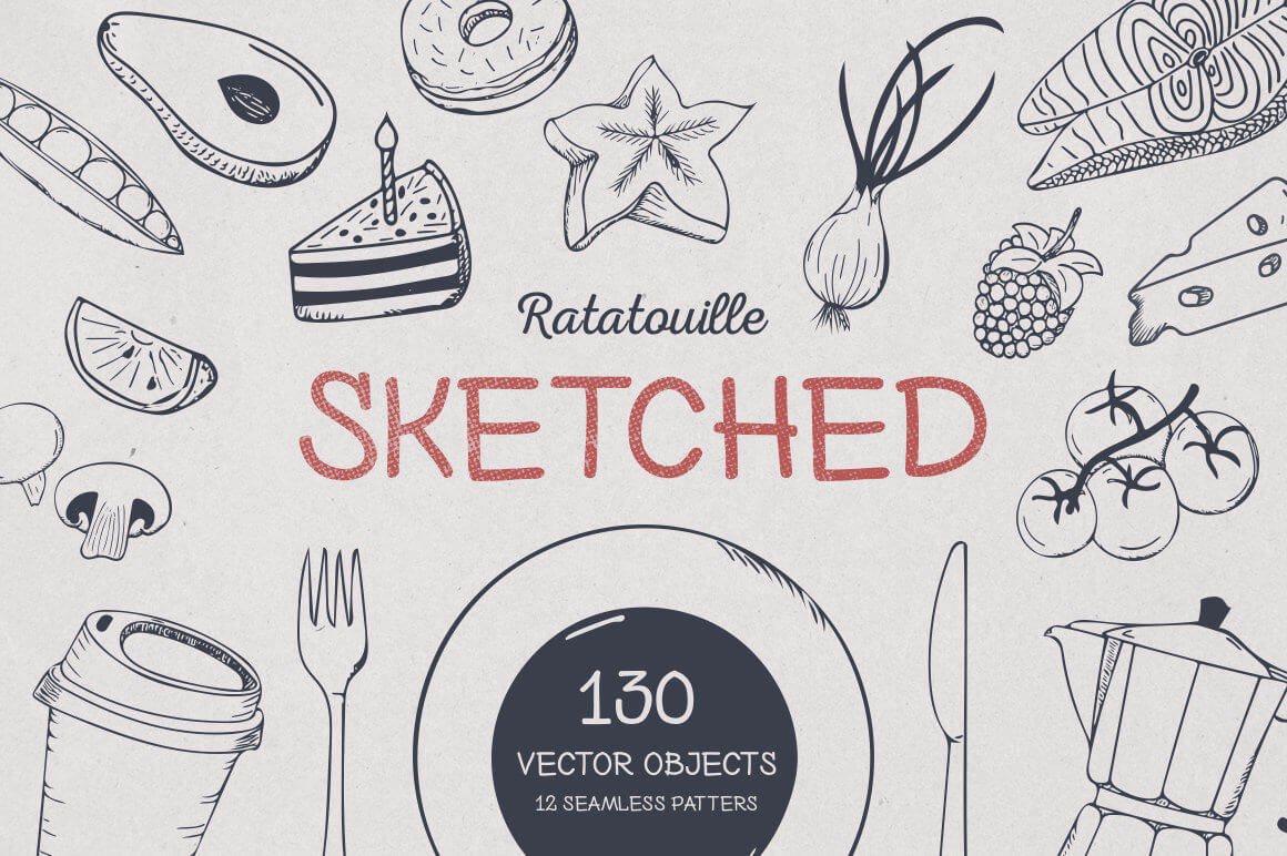 Ratatouille Sketched: 130+ Hand-Drawn Vector Elements – only $7!