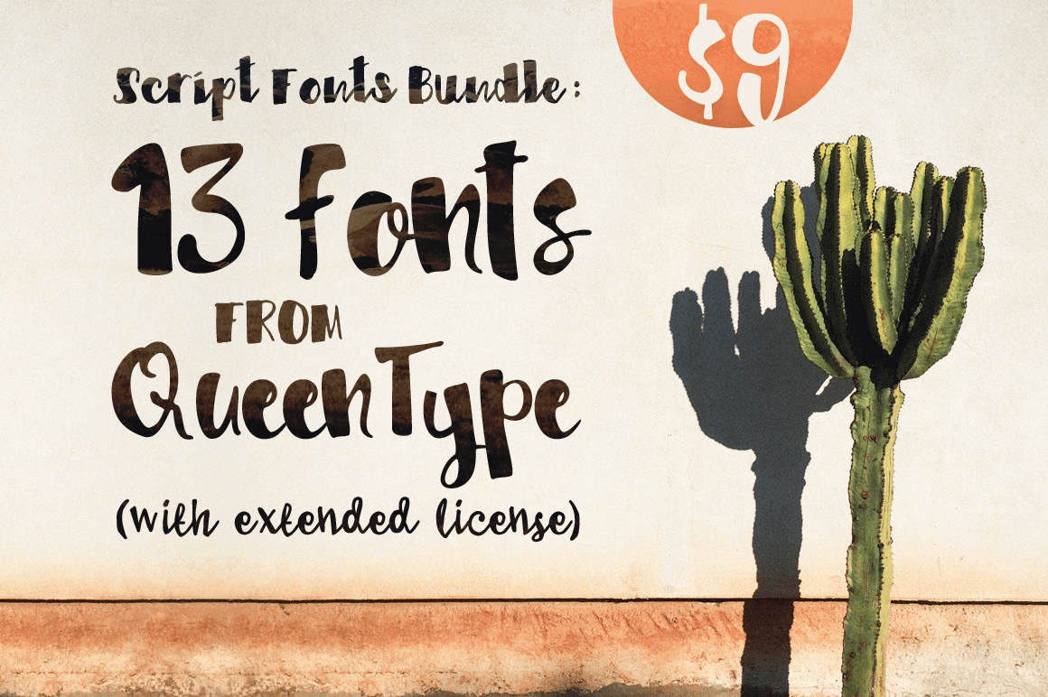 Script Fonts Bundle: 13 Fonts from QueenType (with extended license) – only $9!