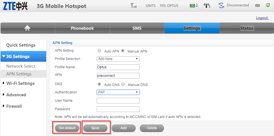 ZTE MF60 Dashboard Optus Mobile Hotspot - Manual APN settings Set Default