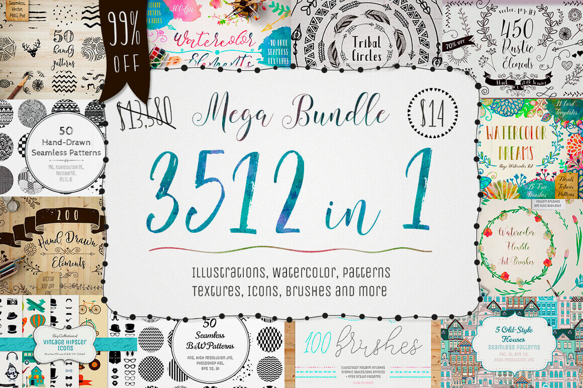 3500+ Textures, Brushes, Icons, Watercolors & More Graphic Elements – only $14!