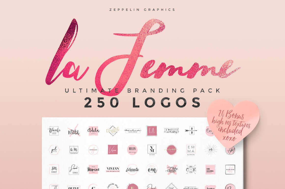 250 Feminine-Style Branding Logos & 20 Bonus Textures – only $9!