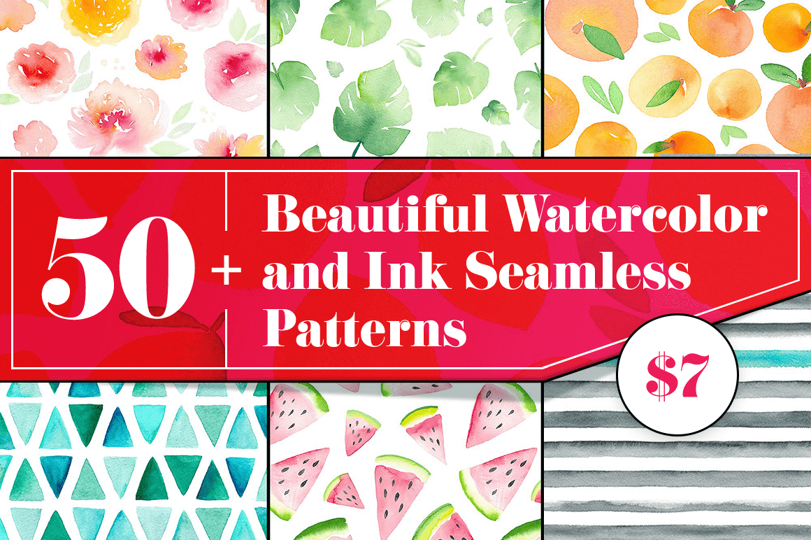 50+ Beautiful Watercolor and Ink Seamless Patterns – only $7!