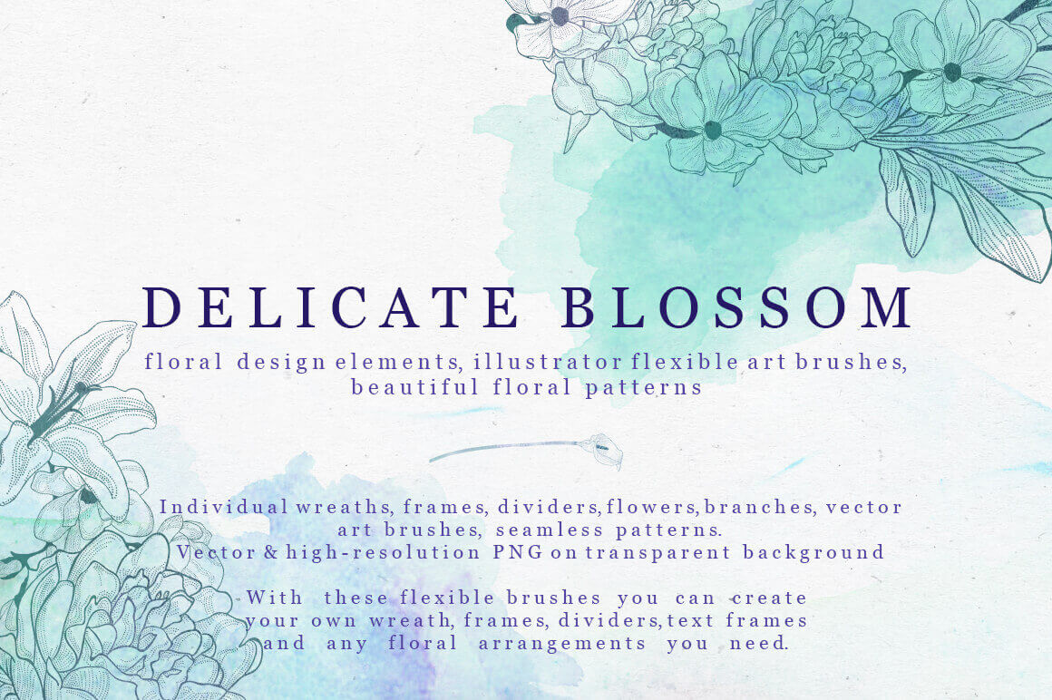 Delicate Blossom Collection of 130+ Floral Elements, Patterns and Brushes – only $9!
