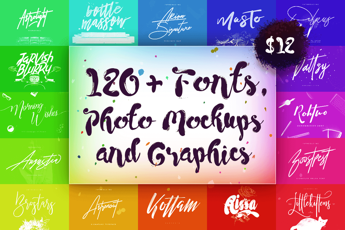120+ Fonts, Photo Mockups and Graphics – only $12!
