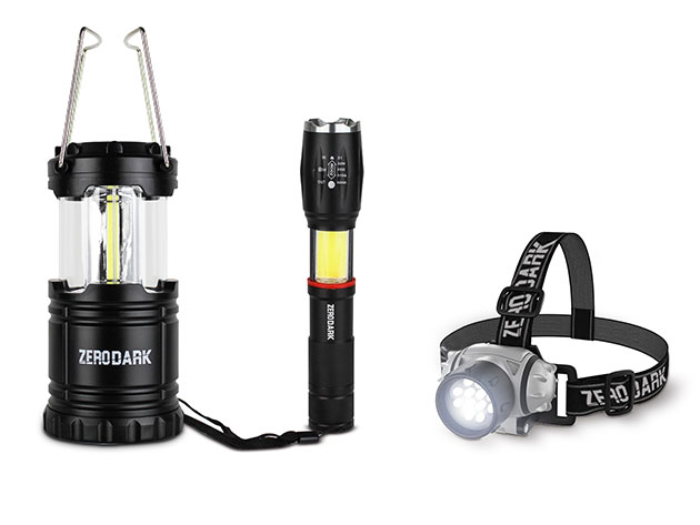 ZeroDark 3-Piece Tactical Set: Flashlight, Lantern & Headlamp for $19