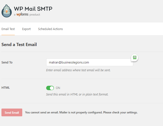 Business Legions USING WP MAIL SMTP TO RECEIVE EMAIL LOGS email test